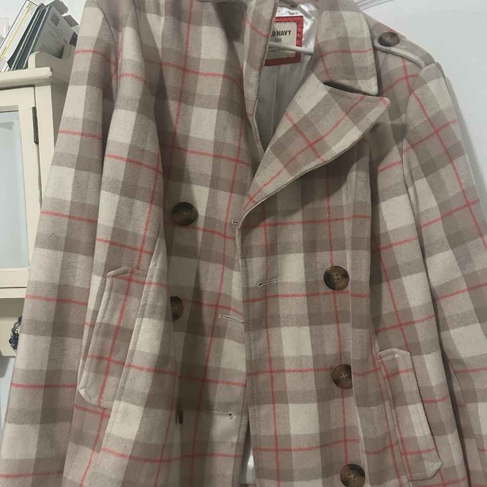 Old Navy Plaid Pea Coat - Cream and Pink